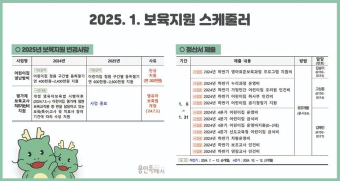 용인특례시 수지구가 보육기관에 제공하는 '보육지원스케줄러' 예시