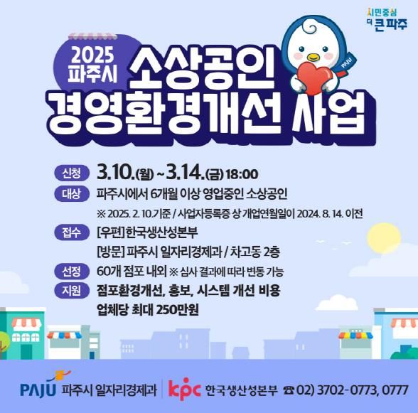 파주시, 올해도 소상공인 경영환경 개선 지원…최대 250만 원