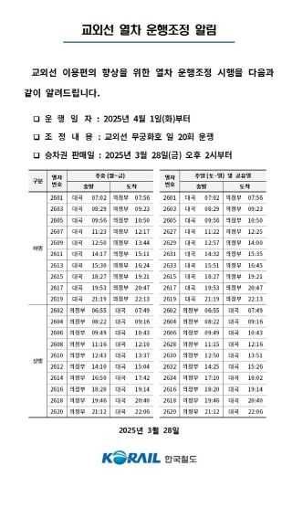 경기도, 교외선 열차 4월 1일부터 하루 8회 → 20회로 운행확대